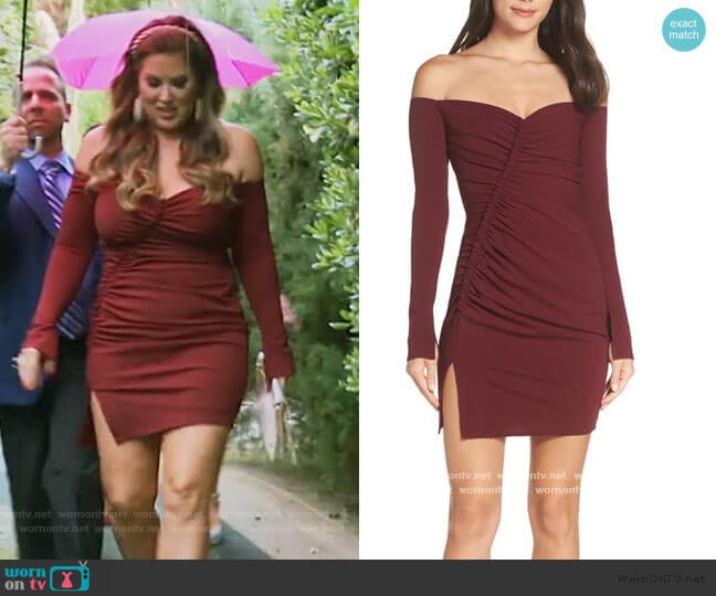 Katie May Off the Shoulder Ruched Cocktail Sheath worn by Emily Simpson on The Real Housewives of Orange County