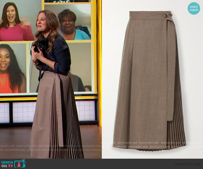 LVIR Pleated wrap wool midi skirt worn by Drew Barrymore on The Drew Barrymore Show
