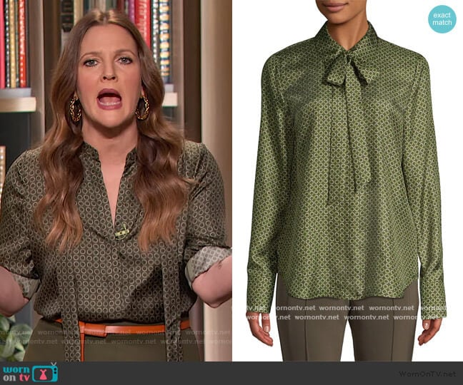 Lafayette 148 Diana Abstract Silk Tieneck Blouse worn by Drew Barrymore on The Drew Barrymore Show