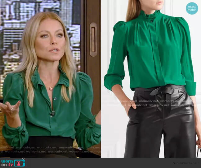 Isabel Marant Lamia Ruffle-Trimmed Silk Blouse worn by Kelly Ripa on Live with Kelly and Mark