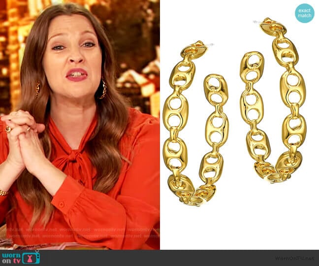 Lizzie Fortunato 18K Yellow Goldplated Chain Link Hoop Earrings worn by Drew Barrymore on The Drew Barrymore Show