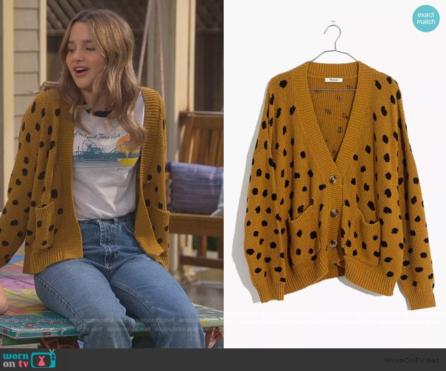 Madewell Hillview Cardigan Sweater in Painted Spots worn by Lex (Jules LeBlanc) on Side Hustle
