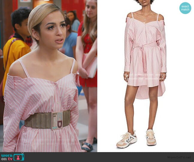 Maje Riami Striped Cold-Shoulder Shirt Dress worn by Lexi (Josie Totah) on Saved By The Bell
