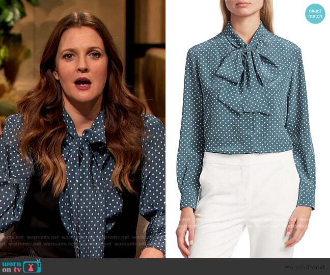 Max Mara Bali Polka-Dot Silk Tieneck Blouse worn by Drew Barrymore on The Drew Barrymore Show
