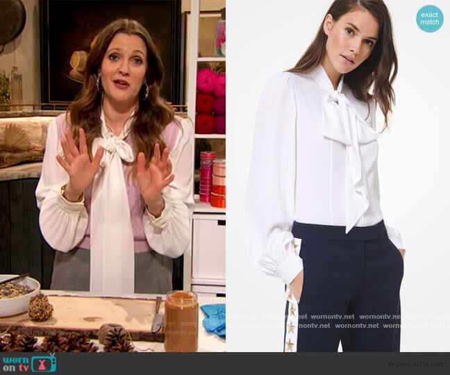 Michael Kors Silk Georgette Tie-Neck Blouse worn by Drew Barrymore on The Drew Barrymore Show