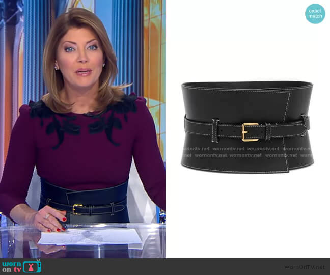 Altuzarra Obie Leather Corset Belt worn by Norah O'Donnell on CBS Evening News