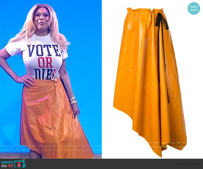 Proenza Schouler Asymmetrical Shiny Leather Mid Skirt worn by Wendy Williams on The Wendy Williams Show