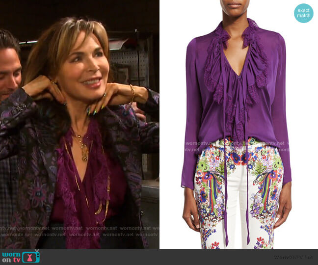 Roberto Cavalli Ruffled Self-Tie Silk Blouse worn by Kate Roberts (Lauren Koslow) on Days of our Lives