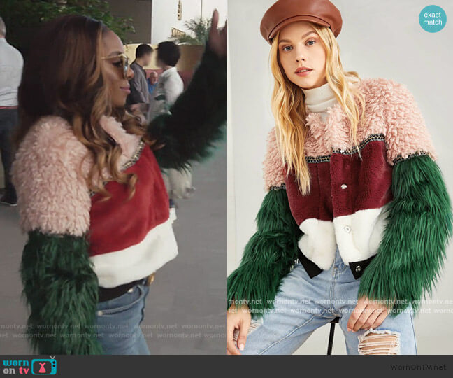 Shein Zip Up Color Block Faux Fur Teddy Coat worn by Candiace Dillard Bassett on The Real Housewives of Potomac