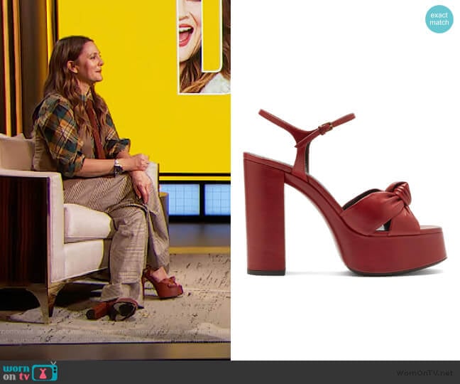 Saint Laurent Bianca knotted leather platform sandals worn by Drew Barrymore on The Drew Barrymore Show