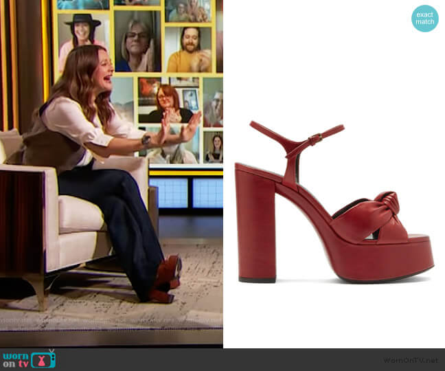 Bianca knotted leather platform sandals Saint Laurent worn by Drew Barrymore on The Drew Barrymore Show