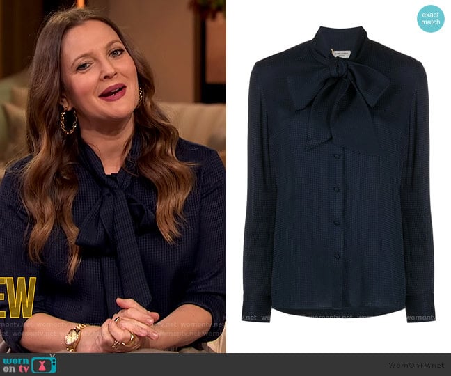 Saint Laurent Pussy Bow Detail Shirt worn by Drew Barrymore on The Drew Barrymore Show