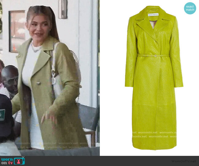 Saks Potts Green Metal Belted Ostrich-effect Leather Coat worn by Kylie Jenner on Keeping Up with the Kardashians