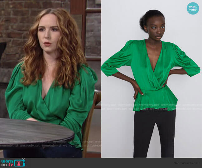 Zara Sateen Wrap Blouse worn by Mariah Copeland (Camryn Grimes) on The Young and the Restless