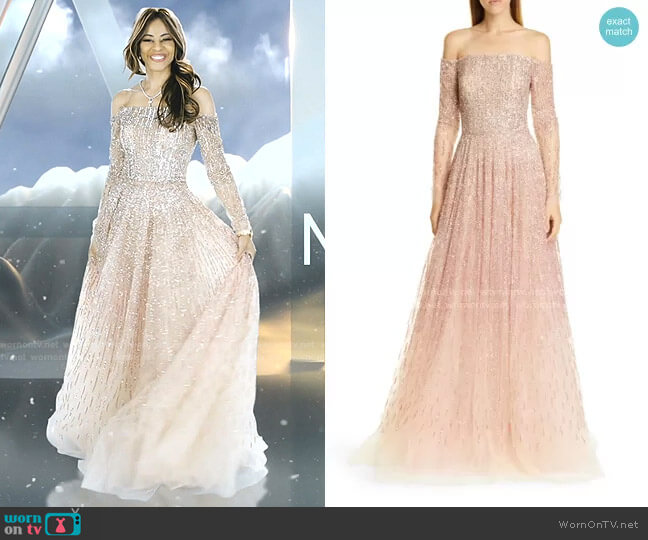 Pamella Roland Sequin & Crystal Ombré Off the Shoulder Gown worn by Mary Cosby on The Real Housewives of Salt Lake City