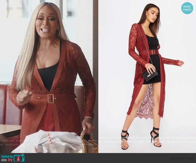 Sirens Lace Belted Longline Cardigan worn by Karen Huger on The Real Housewives of Potomac