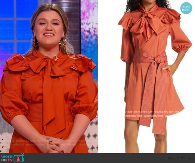 Tanya Taylor Marlee Bow Neck Belted Dress worn by Kelly Clarkson on The Kelly Clarkson Show