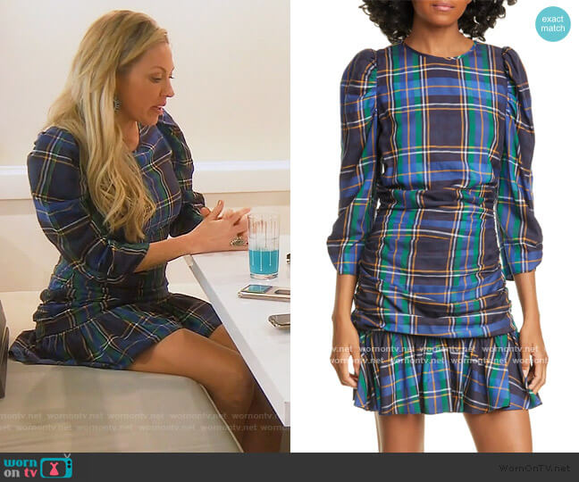 Tanya Taylor Raven Plaid Puff Sleeve Mini Dress worn by Braunwyn Windham-Burke on The Real Housewives of Orange County