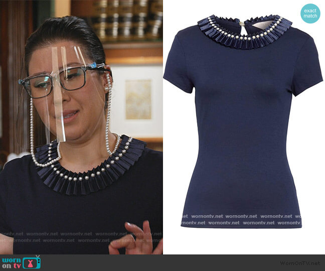 Ted Baker Nikita Blue Embellished Neck Fitted Tee worn by Sherri Kansky (Ruthie Ann Miles) on All Rise
