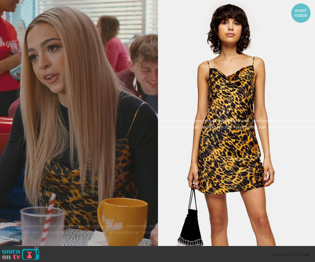 Topshop Mustard Animal Ruched Mini Satin Slip Dress worn by Lexi (Josie Totah) on Saved By The Bell