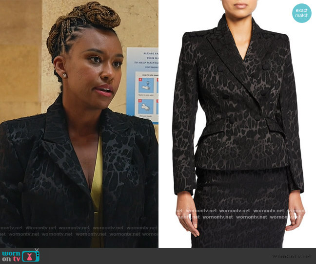 Unttld Leopard Jacquard Basque Jacket worn by Rachel Audubon (Michelle Bathe) on All Rise