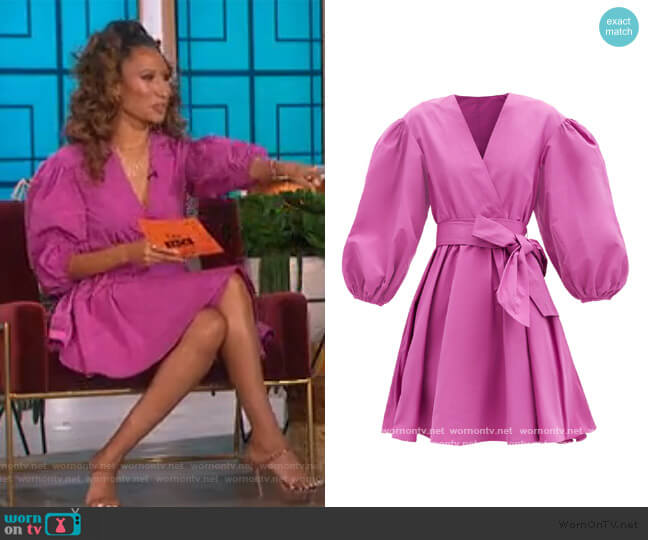 Valentino V-neck puff-sleeve cotton-blend faille mini dress worn by Elaine Welteroth on The Talk