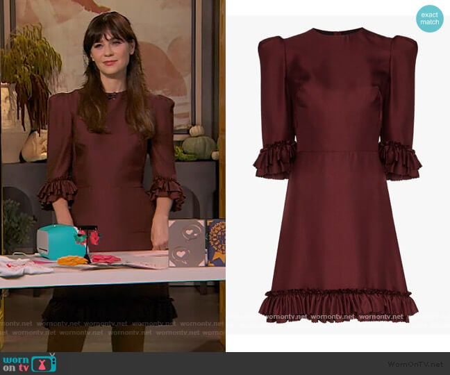 The Vampires Wife Festival Frilled Silk Mini Dress worn by Drew Barrymore on The Drew Barrymore Show