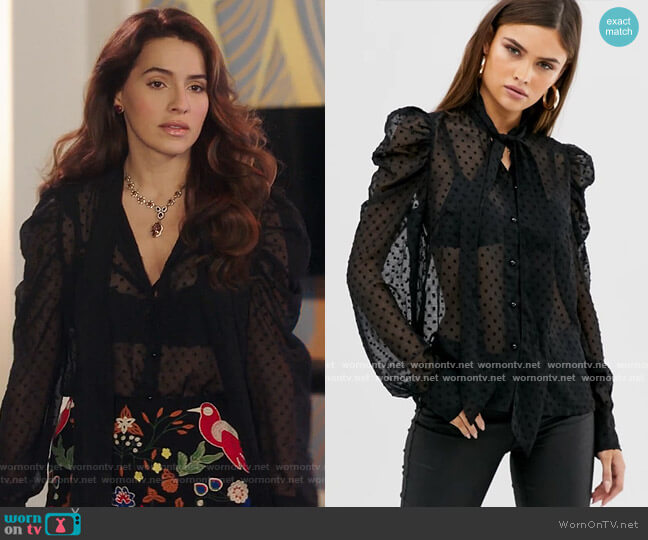 Y.A.S. Pussy Bow Polka Dot Sheer Blouse with Puff Sleeve worn by Ginger Sweet (Melia Kreiling) on Filthy Rich