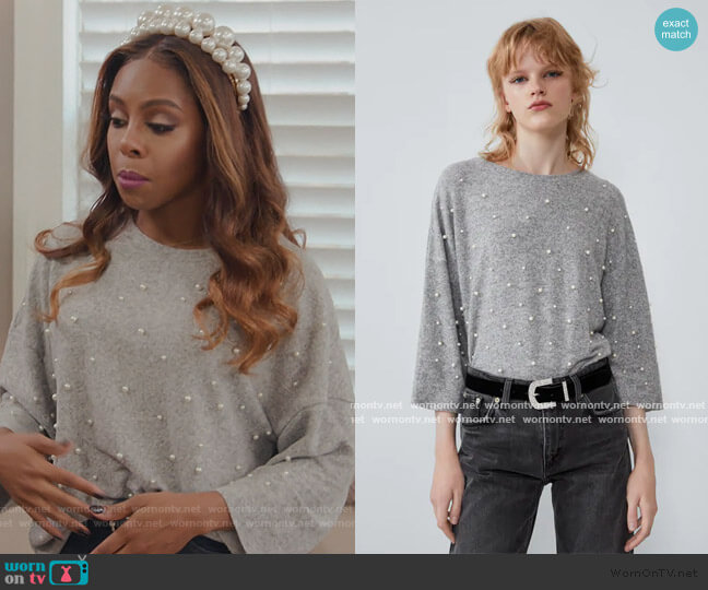 Zara Pearl Studded Top worn by Candiace Dillard Bassett on The Real Housewives of Potomac