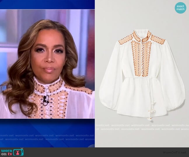 Zimmermann Brighton embellished embroidered ramie blouse worn by Sunny Hostin on The View