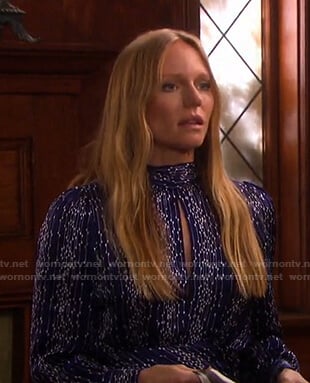 Abigail’s blue printed keyhole dress on Days of our Lives