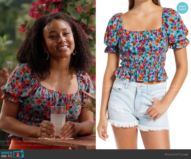 All in Favor Print Smocked Square Neck Top worn by Olivia Lockhart (Katlyn Nichol) on Black-ish