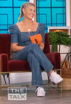 Amanda Kloots’s denim puff sleeve jumpsuit on The Talk