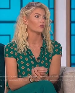 Amanda Kloots’s green print ruffle neck top on The Talk