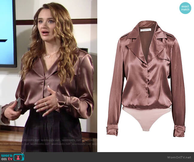Amanda Uprichard Silk Raffi Thong Bodysuit worn by Summer Newman (Hunter King) on The Young and the Restless