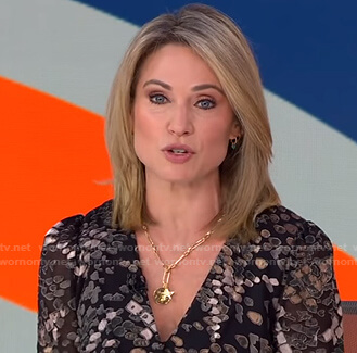 Amy’s black printed v-neck dress on Good Morning America