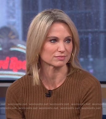 Amy’s brown ribbed sweater and skirt on Good Morning America