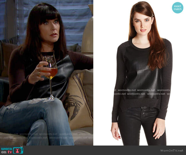 Bailey 44 Snowboard Faux Leather Panel Sweater worn by Quinn Fuller (Rena Sofer) on The Bold and the Beautiful