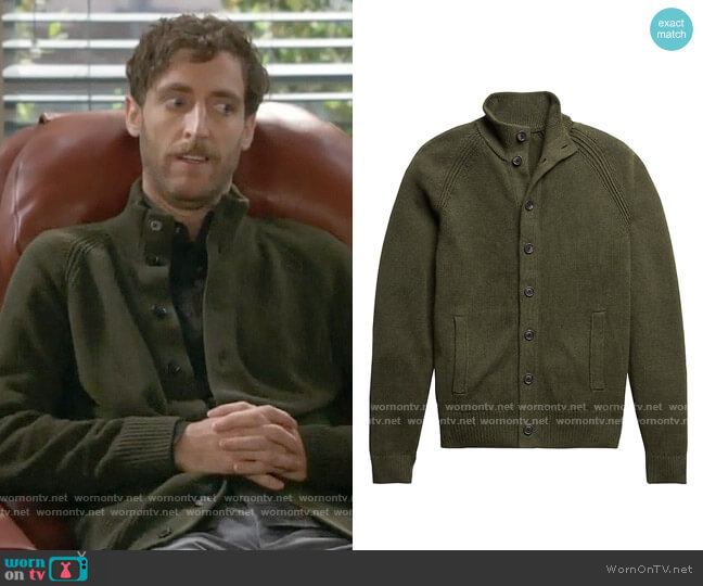 Banana Republic Organic Cotton Sweater Jacket in Cedar Olive Green worn by Drew Dunbar (Thomas Middleditch) on B Positive