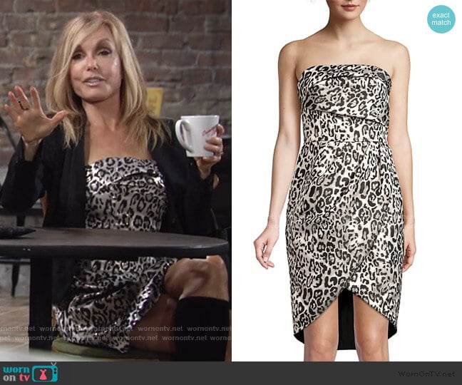 Black Halo Tamara Leopard Strapless Tulip Dress worn by Lauren Fenmore (Tracey Bregman) on The Young and the Restless