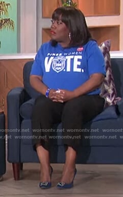 Sheryl’s blue embellished pumps on The Talk