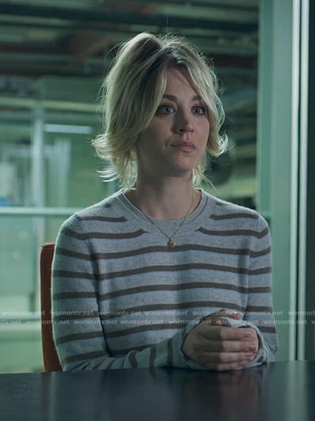 Cassie’s grey striped sweater on The Flight Attendant