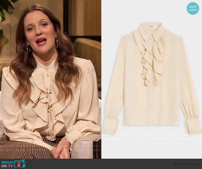 Celine Blouse with Double Jabot in Silk Crepe worn by Drew Barrymore on The Drew Barrymore Show