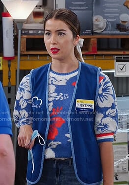 Cheyenne’s blue floral print sweater on Superstore