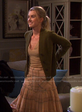 Claire’s green cardigan and pink plaid skirt on Days of our Lives