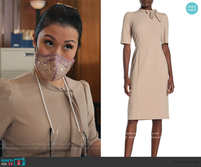 Donna Morgan Tie Neck Sheath Midi Dress worn by Sherri Kansky (Ruthie Ann Miles) on All Rise