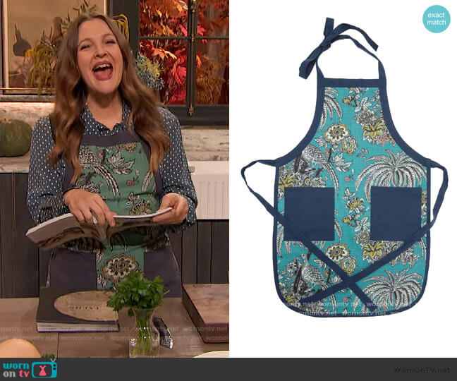 Drew Barrymore Flower Home Tropical Toile Apron worn by Drew Barrymore on The Drew Barrymore Show