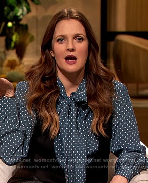 Drew’s blue polka dot tie neck blouse on The Drew Barrymore Show