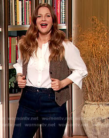 Drew’s checked vest and jeans on The Drew Barrymore Show