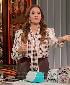 Drew’s white dot print tie neck blouse on The Drew Barrymore Show